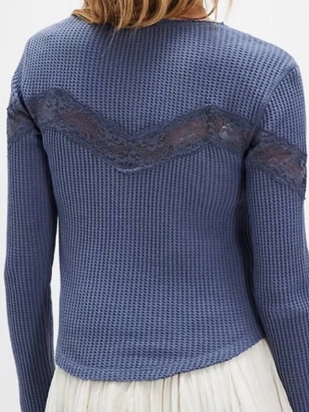 Free people waffle Knit Lace Trim Button-Up Top in Dusty Blue! M